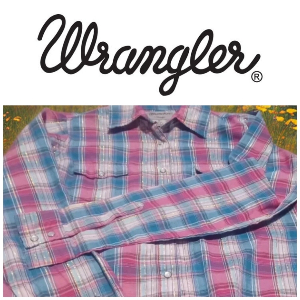 Wrancher Pink & Teal Gold Metallic Western Shirt  Pearl Snaps Medium